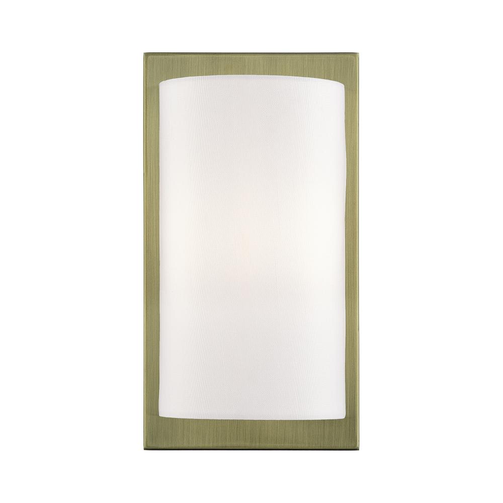 1 Light Antique Brass ADA Sconce with Hand Crafted Off-White Fabric Shade