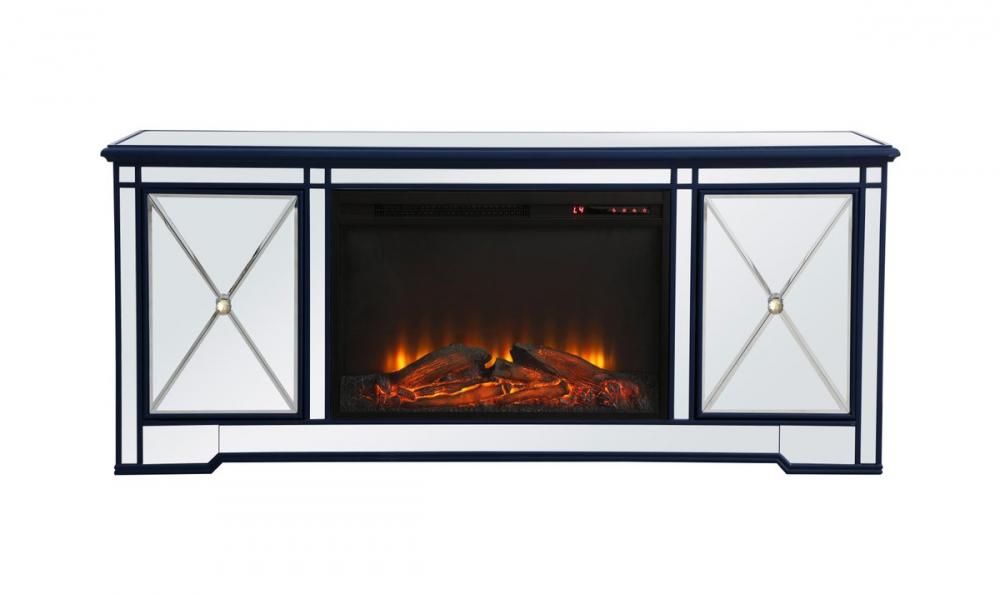 Modern 60 in. mirrored tv stand with wood fireplace in blue